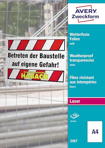 AVERY Zweckform 3487 Wetterfeste Folien, extrem strapazierfähig (A4, 210x297 mm, 100 Folien auf 100 Bogen, bedruckbar,stapelverarbeitbar, zur Kennzeichnung im Innen- und Außenbereich) weiß