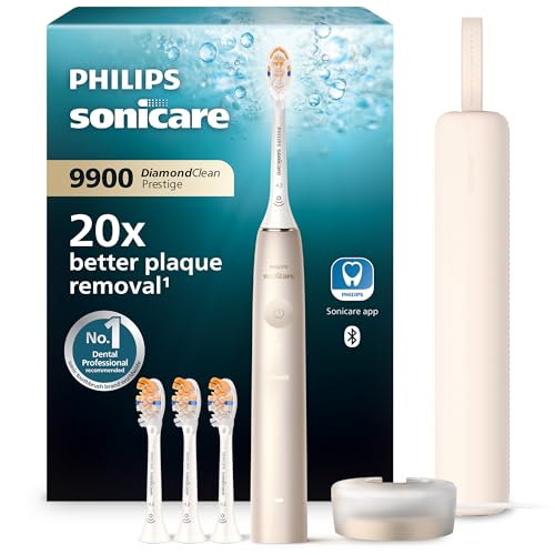 Philips Sonicare - Brosse à dents électrique DiamondClean 9900 Prestige, avec technologie SenseIQ et application, 5 modes de brossage, 3 niveaux d'intensité, étui de voyage, Champagne, HX9992/44