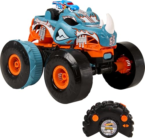 Hot Wheels Monster Trucks Macchina Telecomandata - Rhinomite Trasformabile in scala 1:12, si trasforma in un lanciatore, con truck Race Ace in scala 1:64 incluso, giocattolo per bambini 5+ anni, HPK27