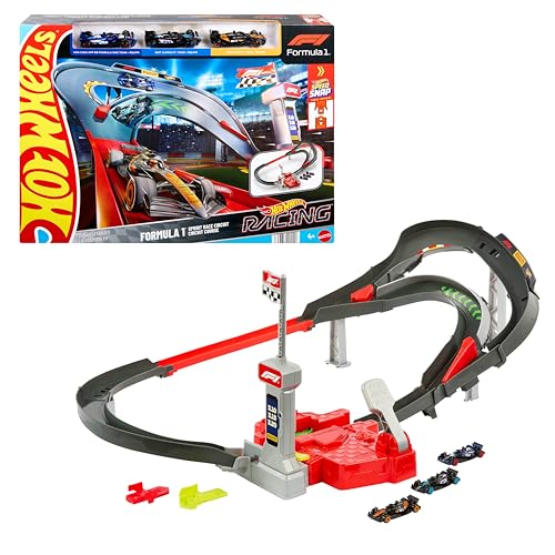 Hot Wheels Coffret Piste de Course Sprint avec 3 véhicules de Formule 1 à l’échelle 1/64 : McLaren F1 Team, Alpine et VCARB, Circuit de Course Sprint côte-à-côte, JDY15
