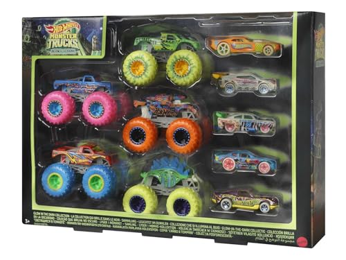 Hot Wheels Multipack Glow in The Dark™ Monster Trucks 10 vehículos de Juguete: 5 Monster Trucks y 5 Coches a Escala 1:64, Regalo Coleccionable para niños de Entre 4 y 8 años, HCB57