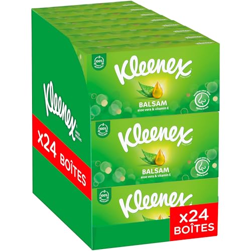 KLEENEX - Mouchoirs boîte Balsam (24 boites de 64 mouchoirs) - dépose un baume protecteur qui apaise vos nez idéal en cas de gros rhumes - Fabriqué en France
