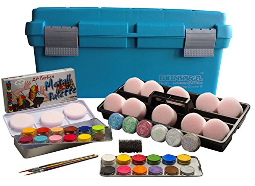 Eulenspiegel 299548 - Estuche de maquillaje para principiantes, 24 colores aqua profesionales, 6 x purpurina, 10 esponjas, 1 esponja para barba incipiente, 3 pinceles