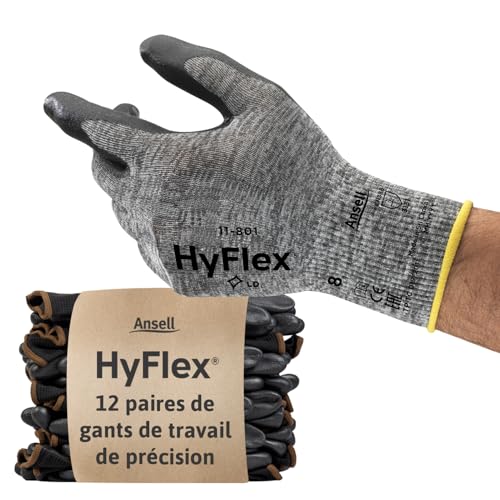 Ansell HyFlex 11-801 Gants de Travail Professionnels, Enduction Nitrile Résistante à l'Abrasion, Protection Industrielle Multiusage, Manutention et Mécanique, Noir, Taille L (12 Paires)