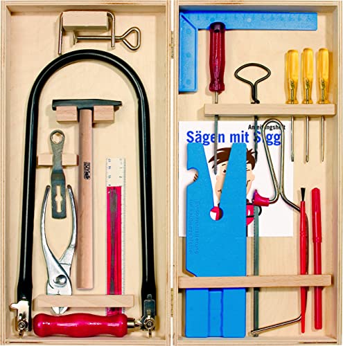 Pebaro 450 Laubsägeset im Holz-Klappkasten, 23 Teile, komplettes Set Schreinerkasten, Holzkasten, platzsparendes Bastelset, Laubsägebogen made in Germany, Basteln mit Holz, Geschenkidee für Kinder