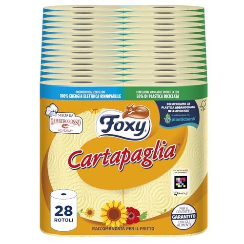 Foxy Papier tapis | Séchage 28 rouleaux | 2 voiles haute épaisseur Vortiques Super-Absorbants | Certification FSC | Emballage 100% recyclable fabriqué à partir de plastique recyclé