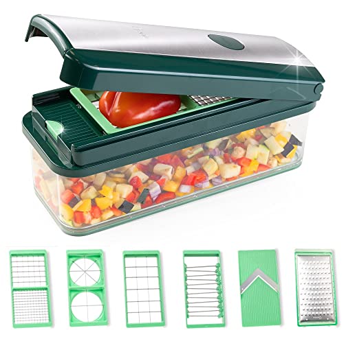 Genius Nicer Dicer Exclusive - Cortador de verduras (15 piezas, cortador de tomate, juego de 4 inserciones, rallador grueso y cepillador, recipiente de 2500 ml), color verde