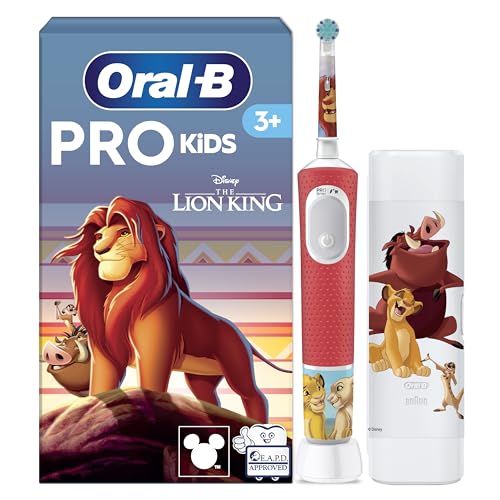 Oral-B Pro Kids König der Löwen Elektrische Zahnbürste für Kinder — Electric Toothbrush ab 3 Jahren inkl. 1 Aufsteckbürste, Reise-Etui und 2 Putzmodi für Zahnpflege, Weiß/Rot