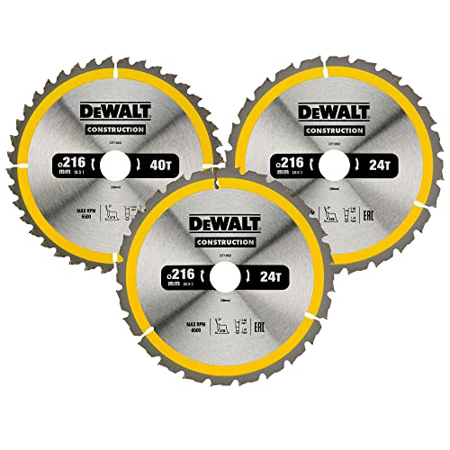 DEWALT DT1962-QZ - Juego de 3 Hojas de Sierra Circular para Construcción, Disco de corte de 40 dientes 216 x 30 mm, Resistencia y Precisión Profesional