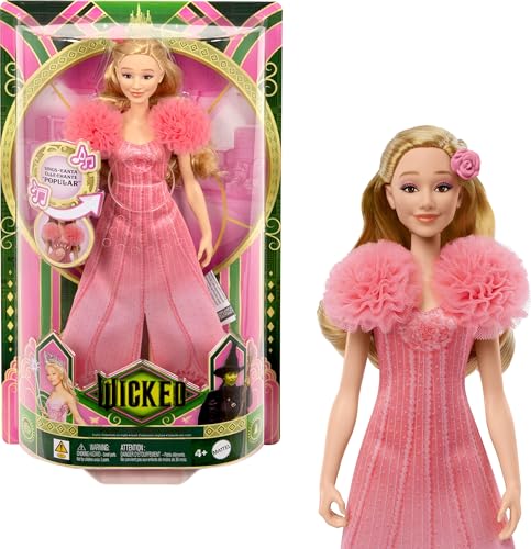 Mattel Wicked Glinda Muñeca cantarina articulada, inspirada en la película, con un conjunto intercambiable y accesorios, canta “Popular”, JLG49