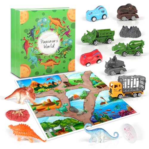 OKYUK Adventskalender 2025 kinder, Dinosaurier Countdown Calendar，Dinosaurierwelt Christmas Adventskalender für Kinder，Dinosauriertransporter, Dinosaurierauto, Minidinosaurier, für Kinder ab 1 Jahren
