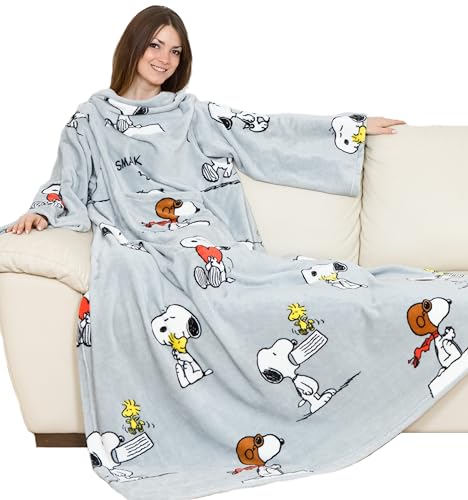 Kanguru Coperta con maniche Grigia Snoopy, soffice plaid in pile, Microfibra, con tasca centrale, 180x140cm, regalo donna, Hoodie per divano, letto, relax, Natale