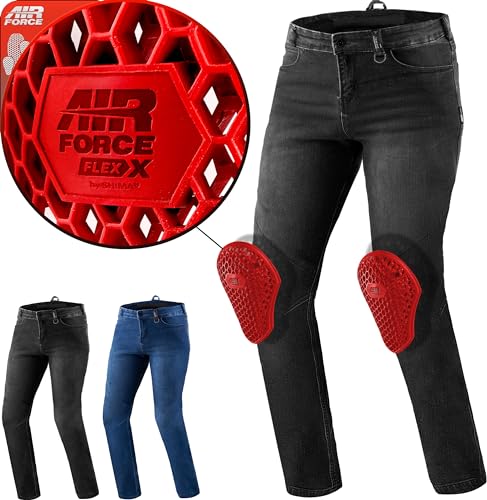SHIMA RIDER Motorrad Jeans Herren mit Protektoren AIRFORCE Knieprotektoren Motorradhose Kurzgrößen Hosen Motorradjeans für Herren Protektorenhose Textilhose Jeanshose Lang (Männer, Schwarz, 32/32)