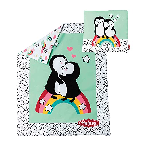 Heless 1000 – Piumone Reversibile per Bambole con Cuscino a Pois Pinguino, per Dolci Sogni delle Bambole