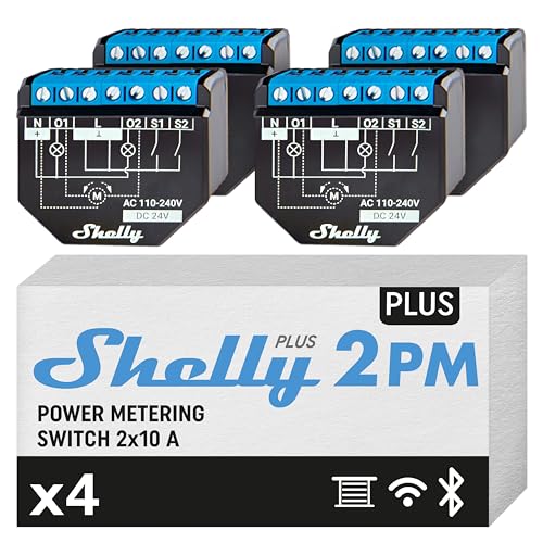 Shelly Plus 2PM - Interruptor Inteligente WiFi & Bluetooth, para Cortinas y Persianas, 2 Canales - 16A, Medición de Energía y Temporizador, Control Remoto por Teléfono, Alexa y Google Home (4 Piezas)