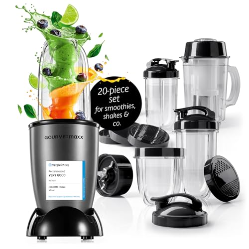 GOURMETmaxx Mr. Magic Power Pro Mixer 400 Watt | Smoothie Maker mit to go Deckel | Standmixer mit Mixbecher & Frischhaltedeckel zum Aufbewahren | Blender mit Zubehörset XL für Shakes, Smoothies etc.