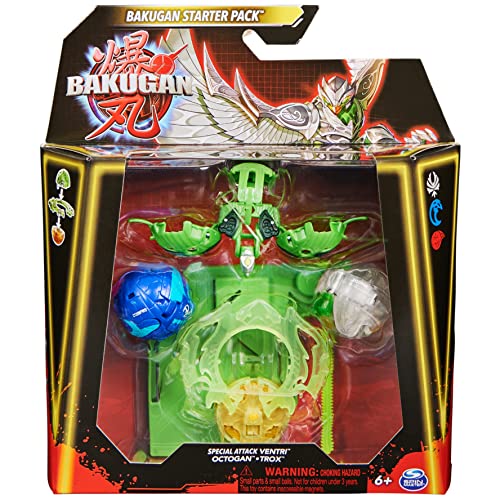 Bakugan Paquete de 3 Unidades de iniciación, Ventri de Ataque Especial, Octogan y Trox, Figuras de acción giratorias Personalizables y Tarjetas Intercambiables, Juguetes para niños y niñas de 6 años