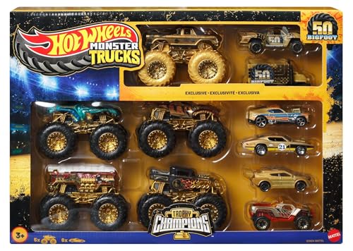 Hot Wheels Trophy Champions Coffret véhicules Monster Trucks avec Bigfoot, 5-Alarm, Bone Shaker, Mega-Wrex et Tiger Shark et 6 voitures en métal, JDW07