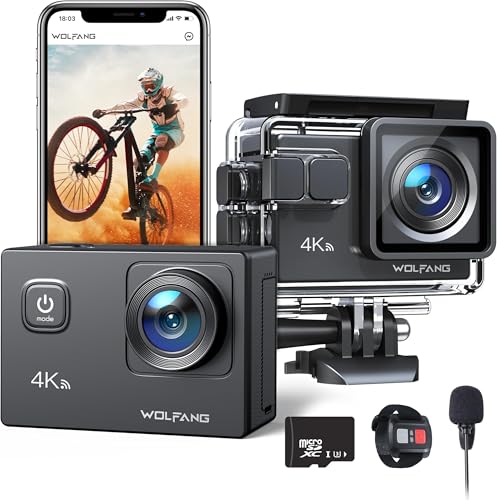WOLFANG Caméra Sport GA100 4K 30 FPS avec MicroSD 32 GB, Caméscope WiFi de 20 MP, Caméra sous-Marine 40M avec Microphone, Télécommande, EIS Anti-Vibration, Batterie 2 x 1050 mAh