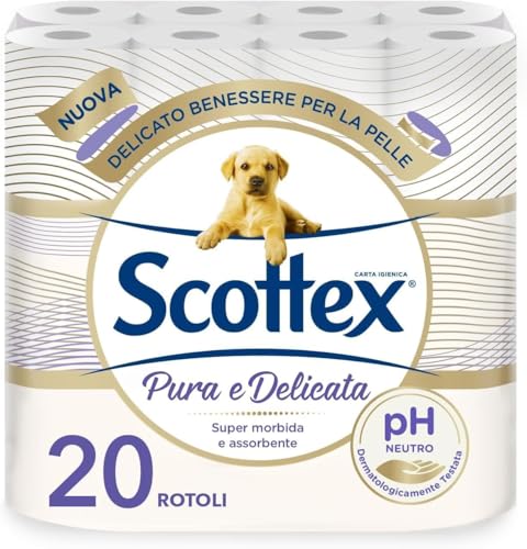 Scottex Carta Igienica Pura e Delicata, Morbida e Assorbente, 5 Veli, PH Neutro, Dermatologicamente Testata, 20 Pz
