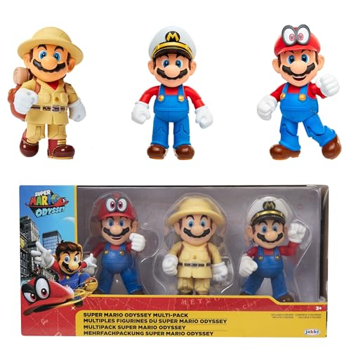 Nintendo Super Mario - Multipack Odyssey de 3 Figuras Mario de 10 cm – Las Figuras Tienen hasta 11 Puntos de Articulación y Poses Únicas - Juguete para Niños 3 Años +