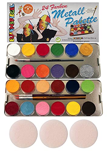 Eulenspiegel 224007 - Maquillaje profesional aqua, 24 colores, 3 pinceles profesionales, 3 esponjas, paleta metálica