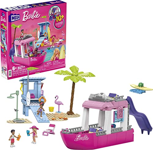 Mega Construx Barbie Barco de ensueño con Bloques de construcción, Mini muñecas y Accesorios, Juguete +5 años (Mattel HPN79)