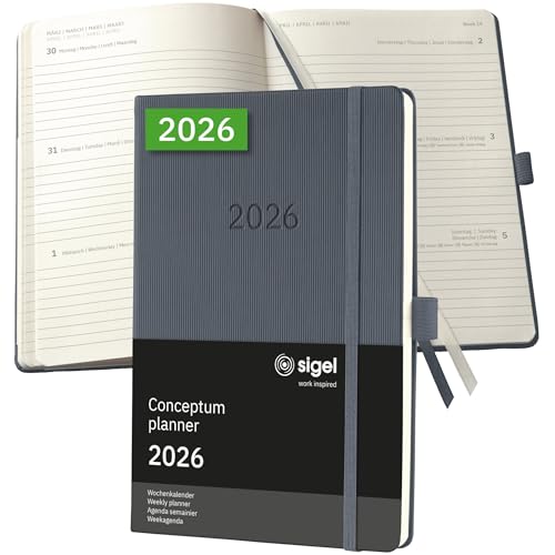 SIGEL C2666 Wochenplaner Wochenkalender 2026, ca. A5, dunkelgrau, Hardcover, 192 Seiten, Gummiband, Stiftschlaufe, Archivtasche, aus nachhaltigem Papier, Kalenderbuch Conceptum