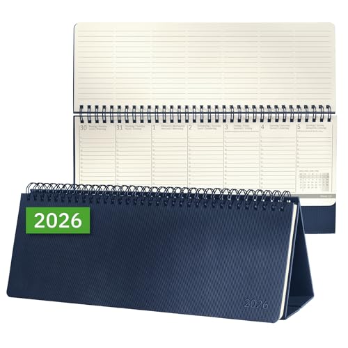 SIGEL C2682 Calendario da tavolo orizzontale 2026, grande, blu scuro, copertina rigida, 2 pagine = parte inferiore della settimana/superiore, 132 pagine, da appoggiare, in carta sostenibile, conceptum