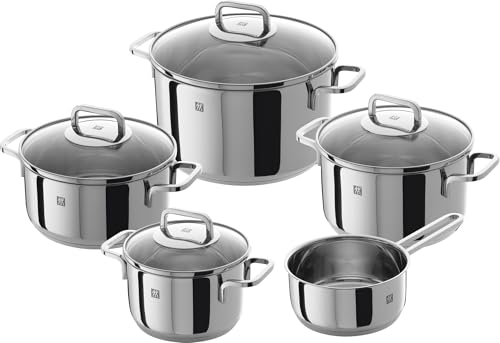 ZWILLING Quadro Kochtopf-Set 5-teilig mit Glasdeckel, Induktionsgeeignet, Unbeschichtet, Edelstahl, Silber