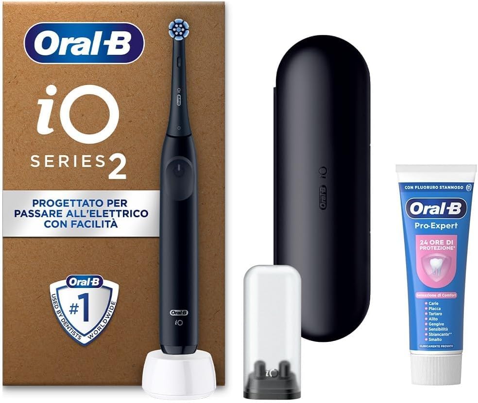 Oral-B Cepillo de dientes eléctrico recargable iO 2 negro, 1 cabezal de repuesto, 1 funda de viaje, 1 soporte para cabezales + 1 pasta de dientes Oral-B